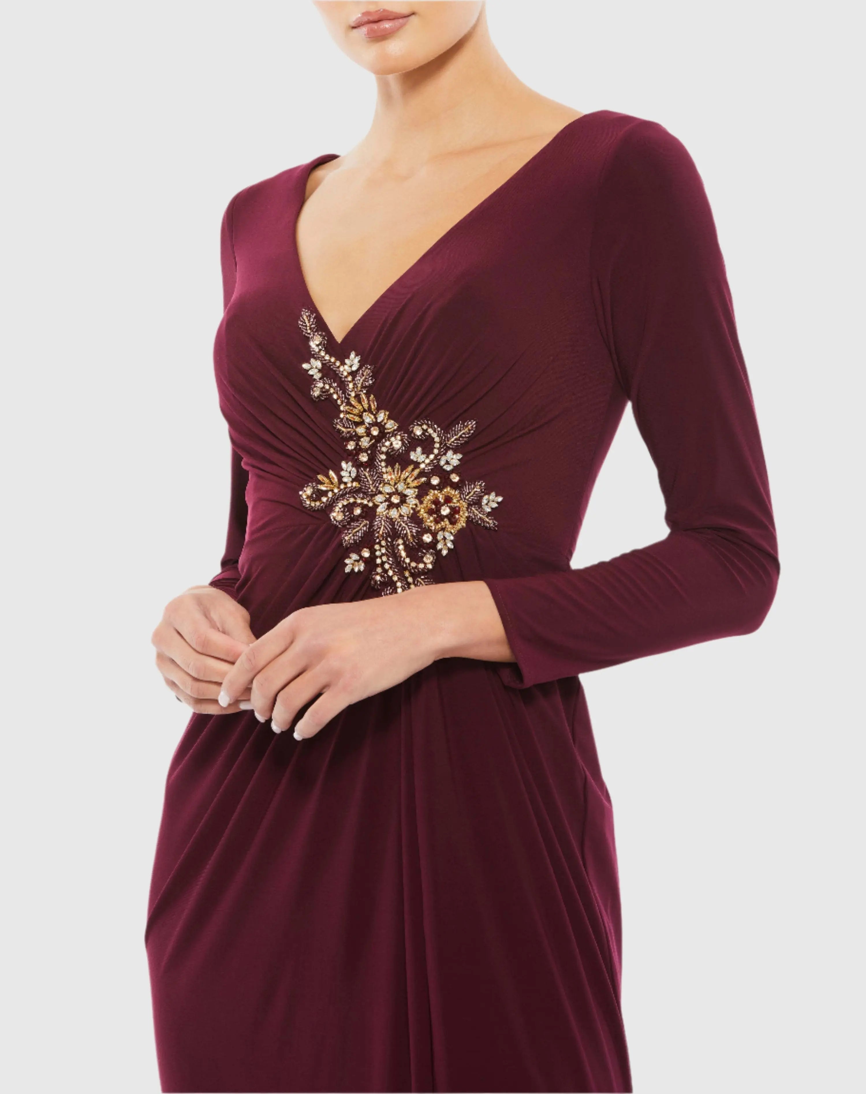 Red Faux Wrap Long Sleeve Evening Gown with Appliqué Detail