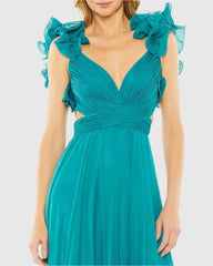 Blue Ruffle Tiered Cut-Out Chiffon Gown