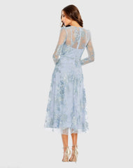Blue Embellished Illusion Long Sleeve Midi Dress