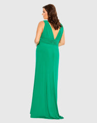 Green Plus Size Draped V Neck Sleeveless A Line Gown