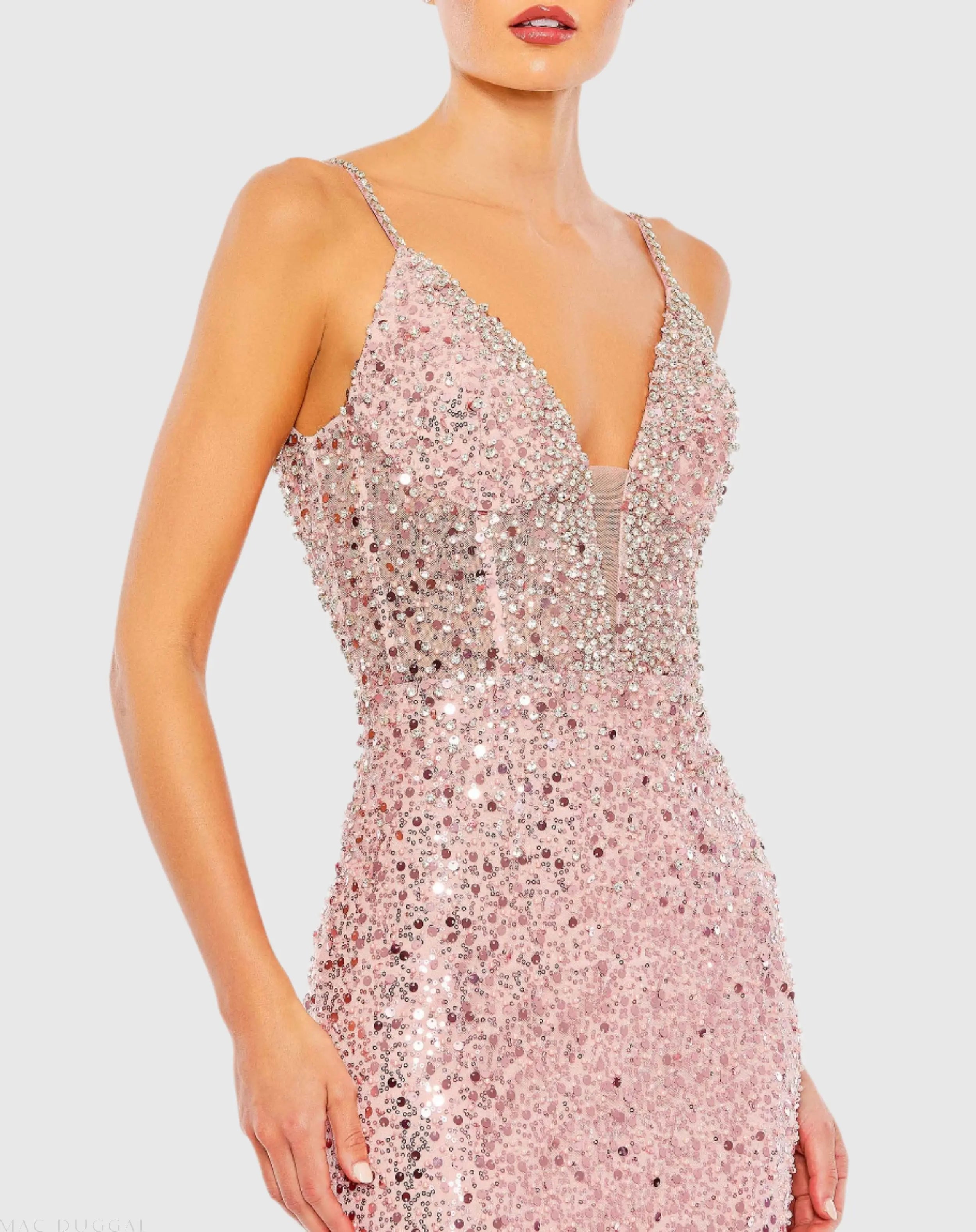 Pink Embellished Plunge Neck Sleeveless Trumpet Gown - FINAL SALE