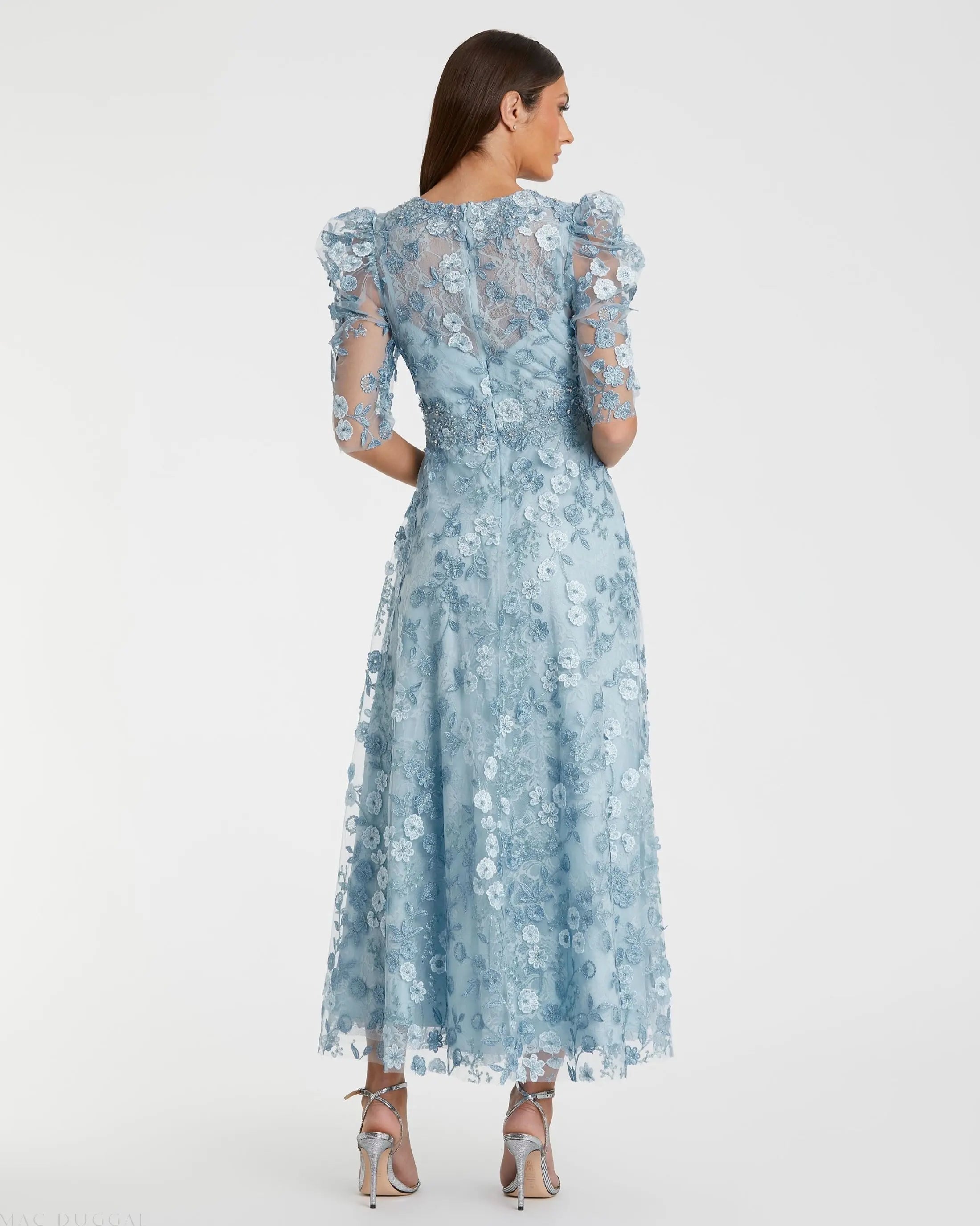 Blue Applique High Neck Puff Sleeve A Line Dress