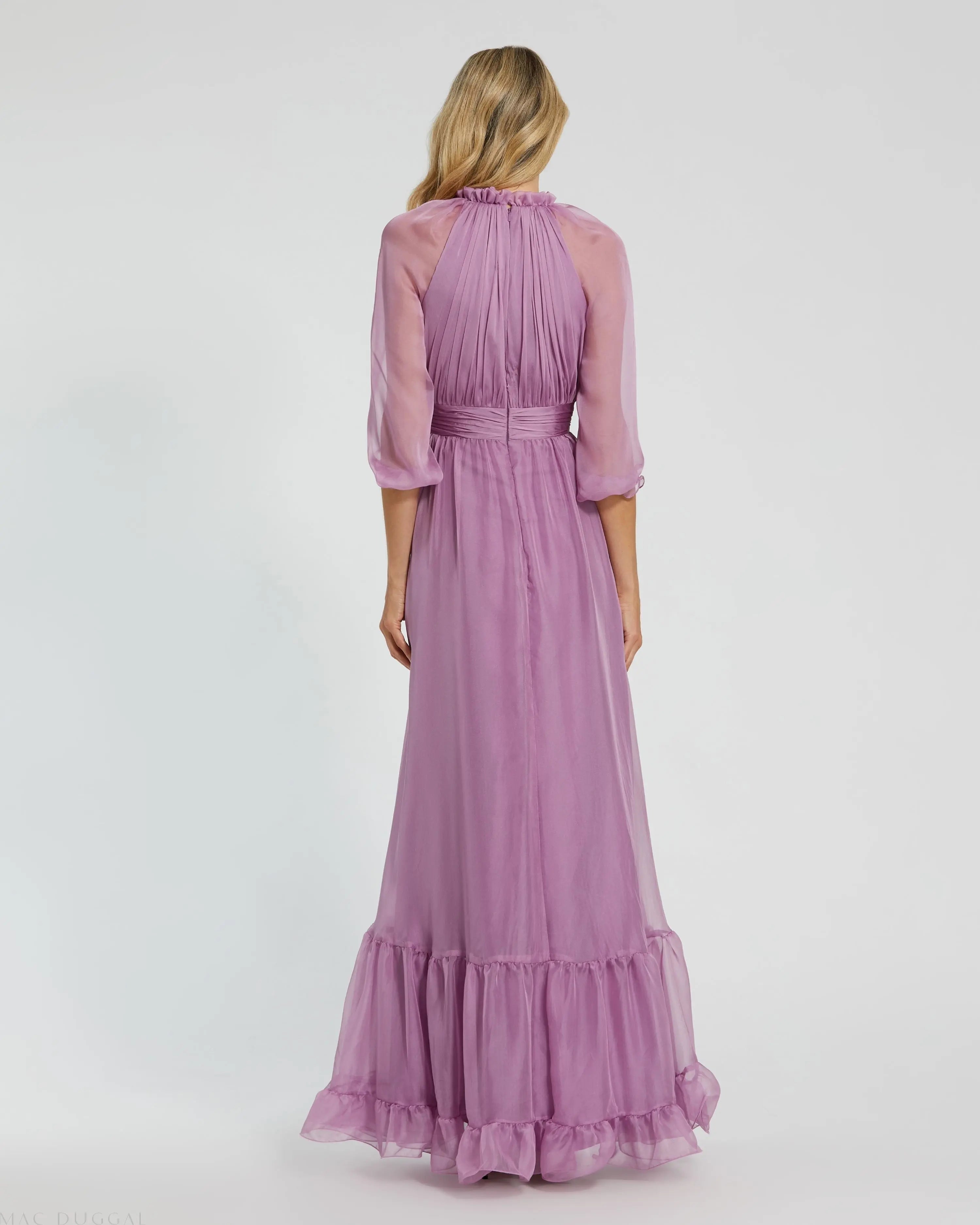 Light Purple Chiffon Ruched Illusion Raglan Sleeve Ruffled Gown