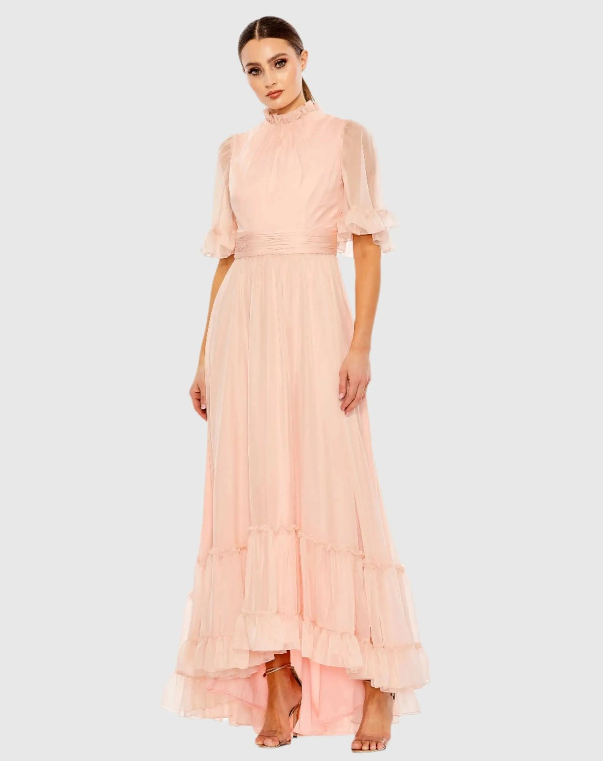 Pink Ruffled Mock Neck Flutter Sleeve High Low Hem Gown
