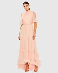 Pink Ruffled Mock Neck Flutter Sleeve High Low Hem Gown