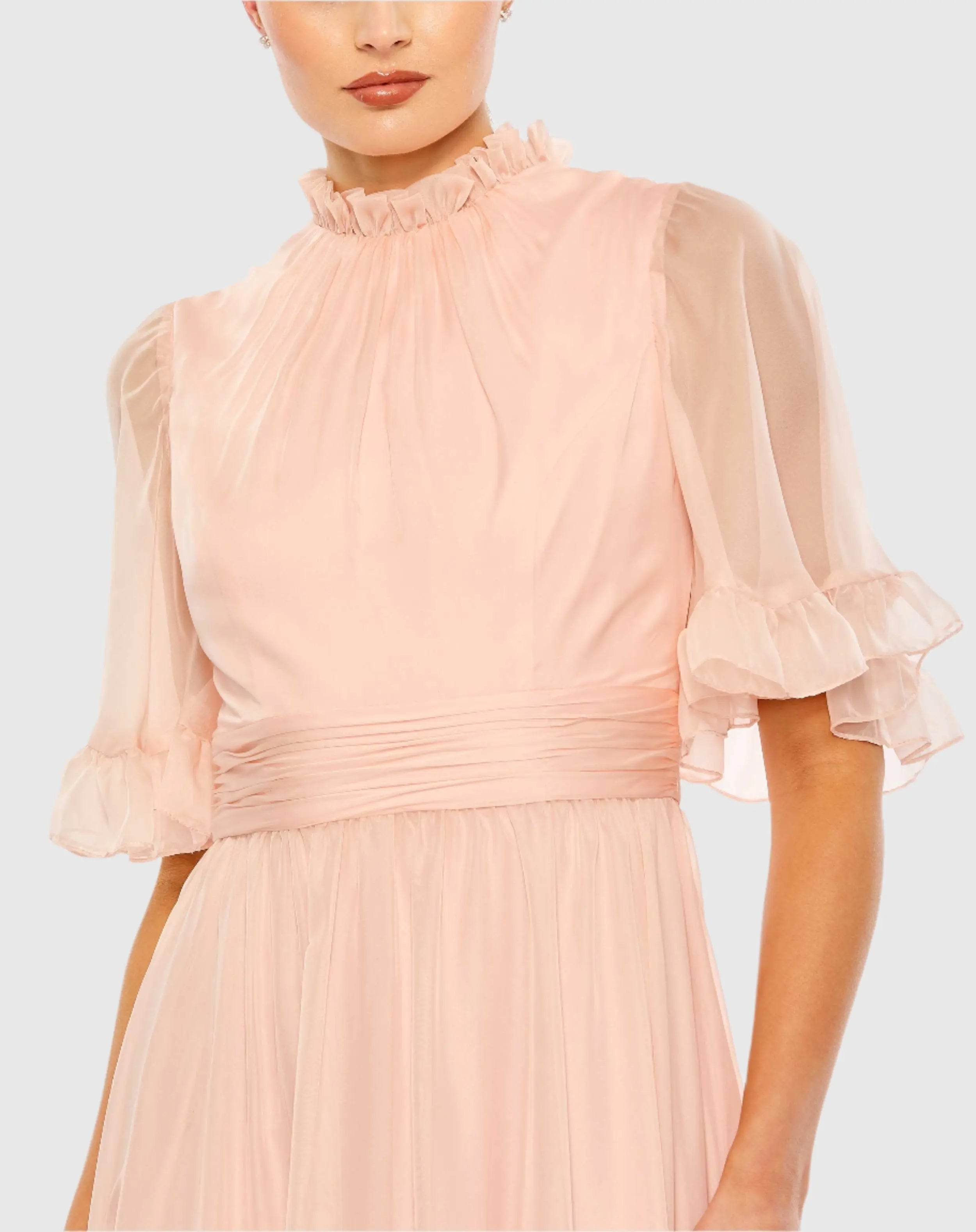 Pink Ruffled Mock Neck Flutter Sleeve High Low Hem Gown