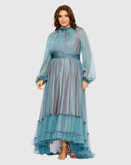 Puff Sleeve w/ Embellished Cuff Mock Neck A Line Gown