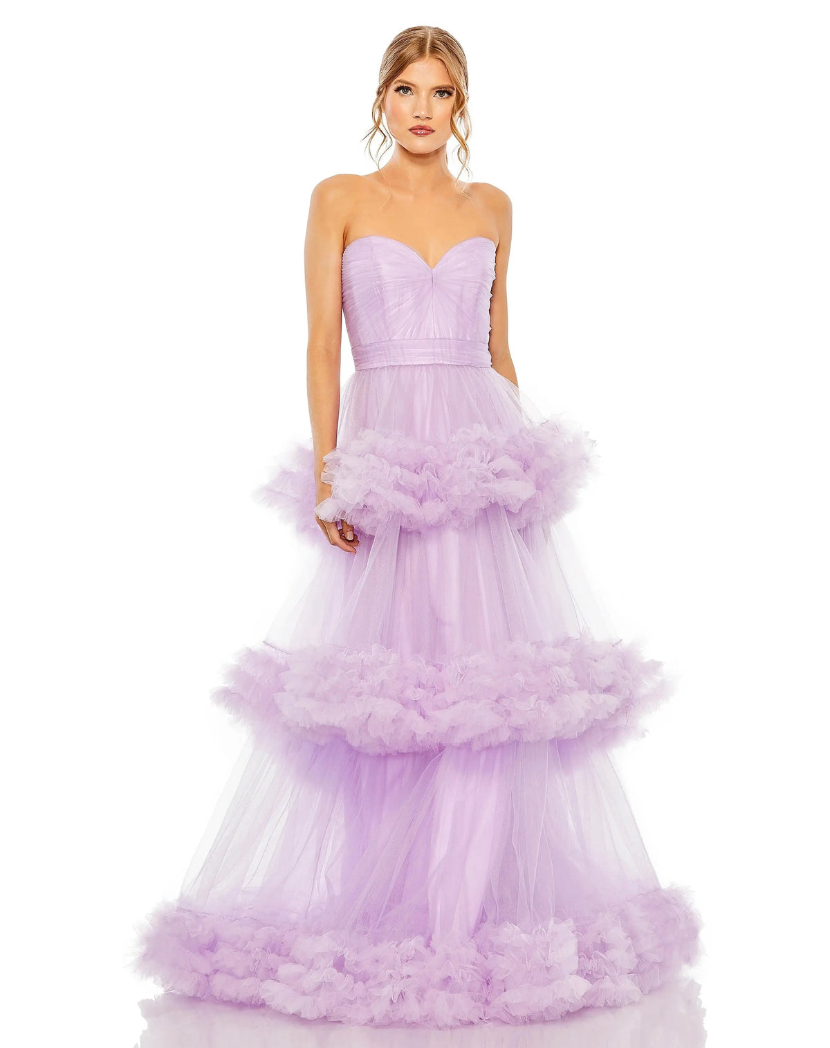 Purple Strapless Ruffle Tulle Tiered Gown