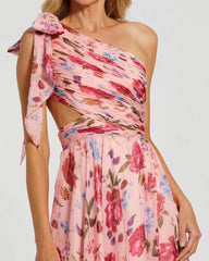 Pink One Shoulder Floral Printed Chiffon Side Cut Out Gown