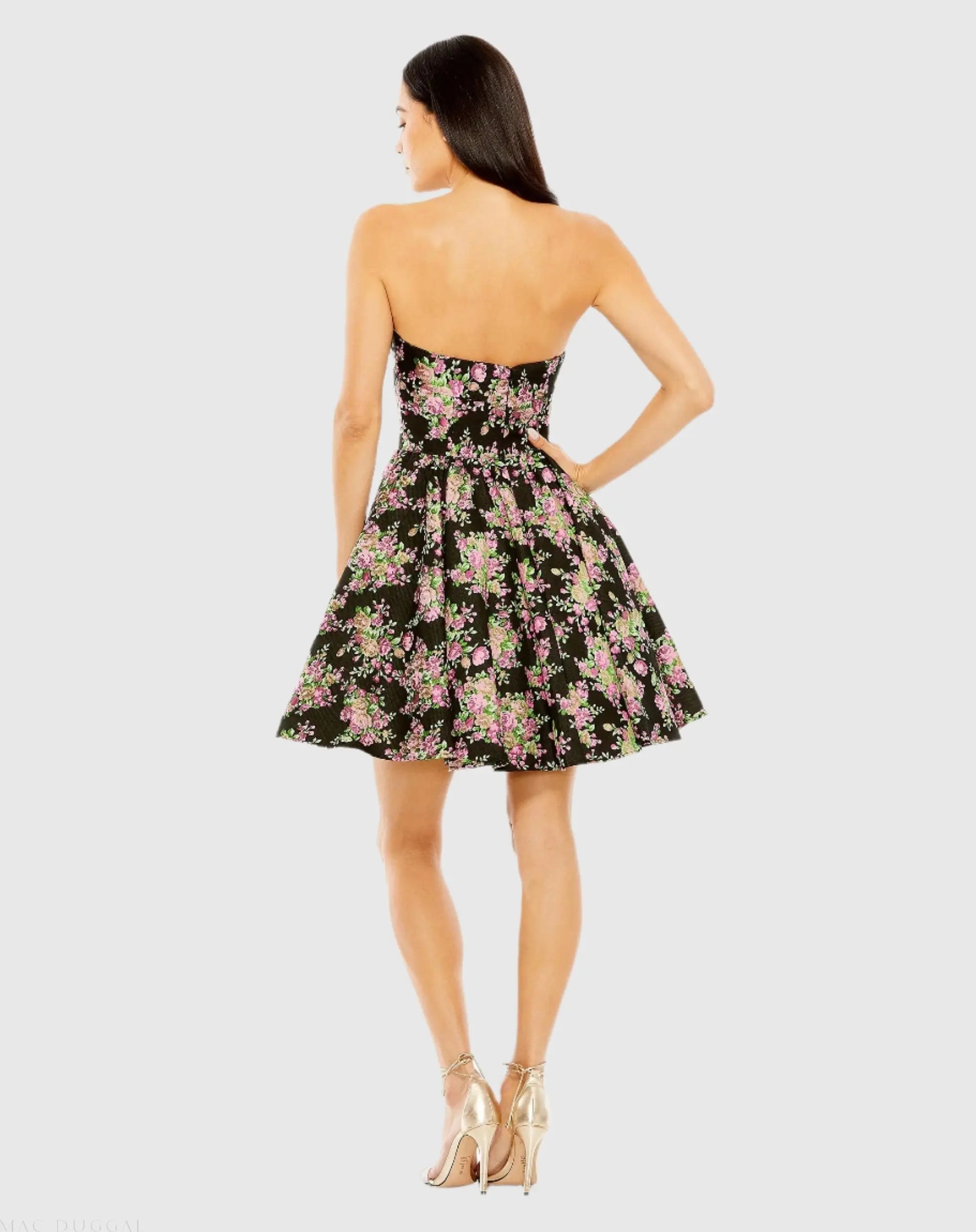 Black Strapless Brocade Mini Dress
