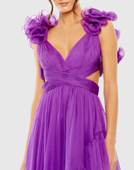 Purple Ruffle Tiered Cut-Out Chiffon High Low Gown