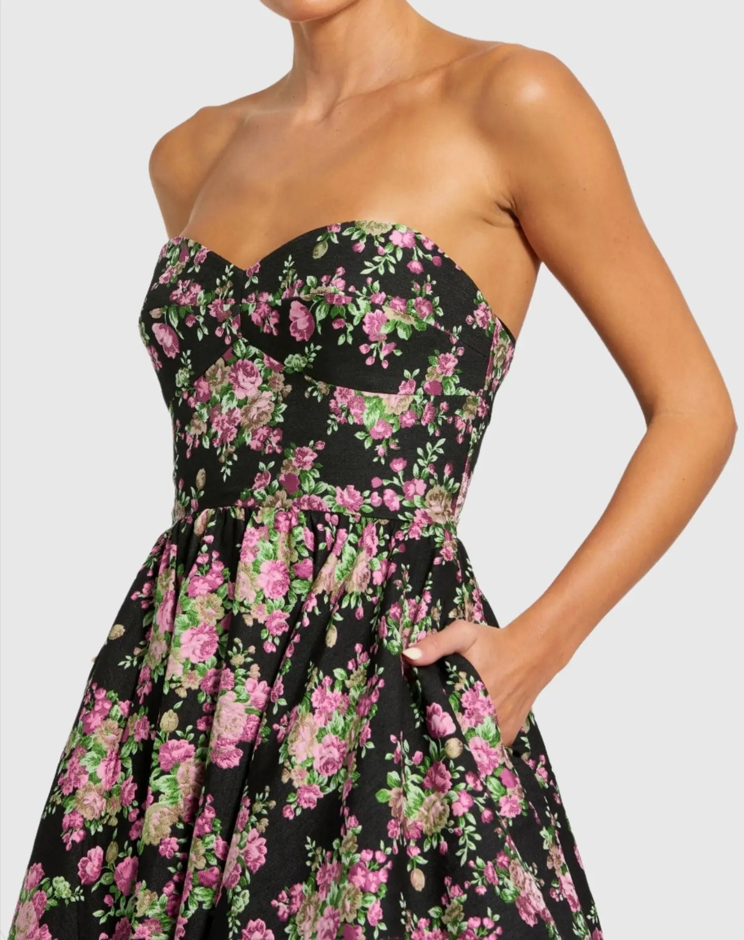 Black Strapless Sweetheart Brocade Floral Ballgown