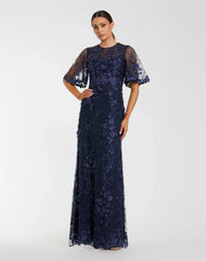 Navy Floral Lace Gown with Sheer Flutter Sleeves