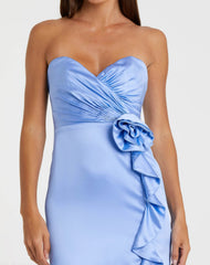 Blue Strapless Satin Column Gown With 3D Flower