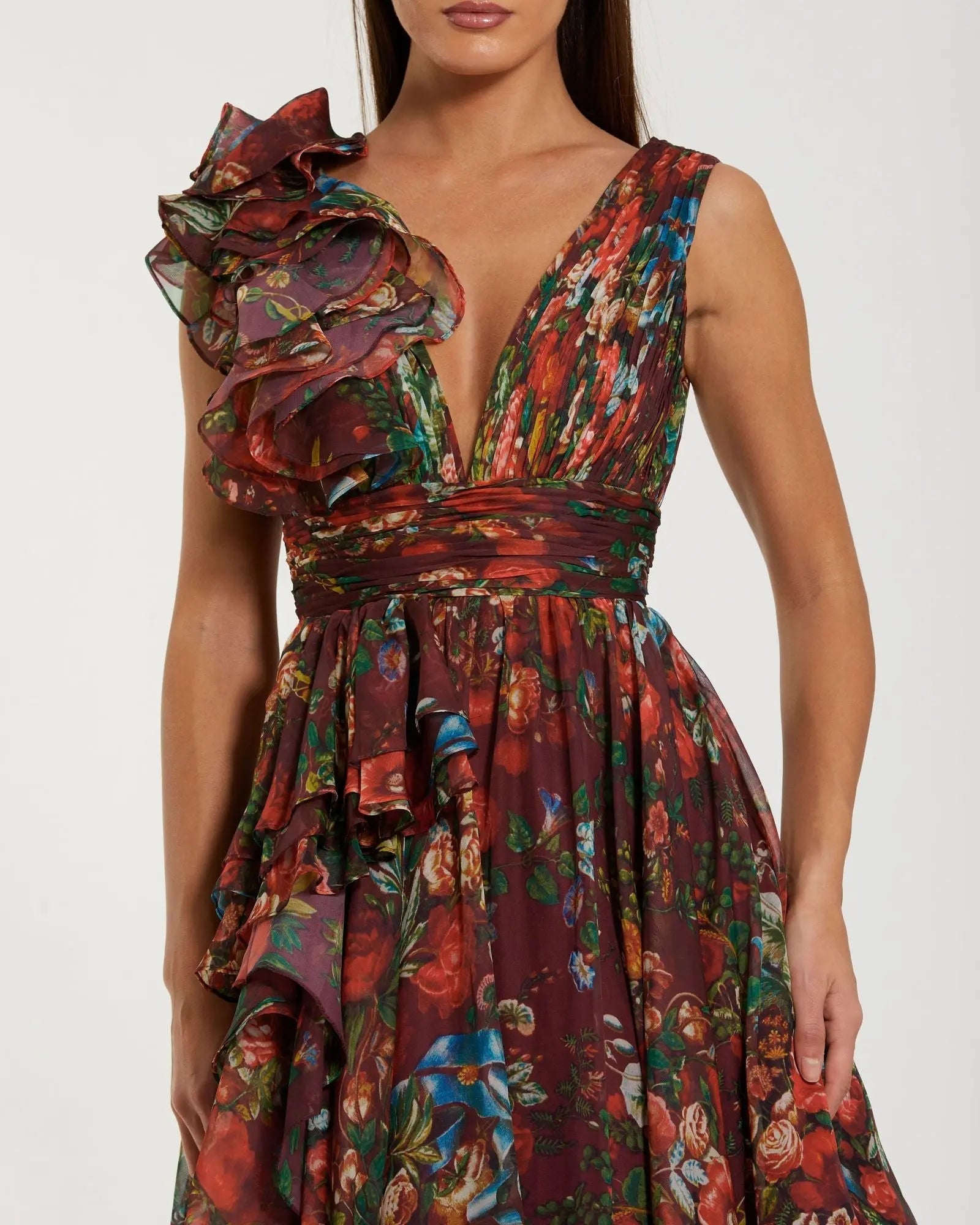 Wine Sleeveless V-Neck Floral Chiffon Ruffle Ball Gown
