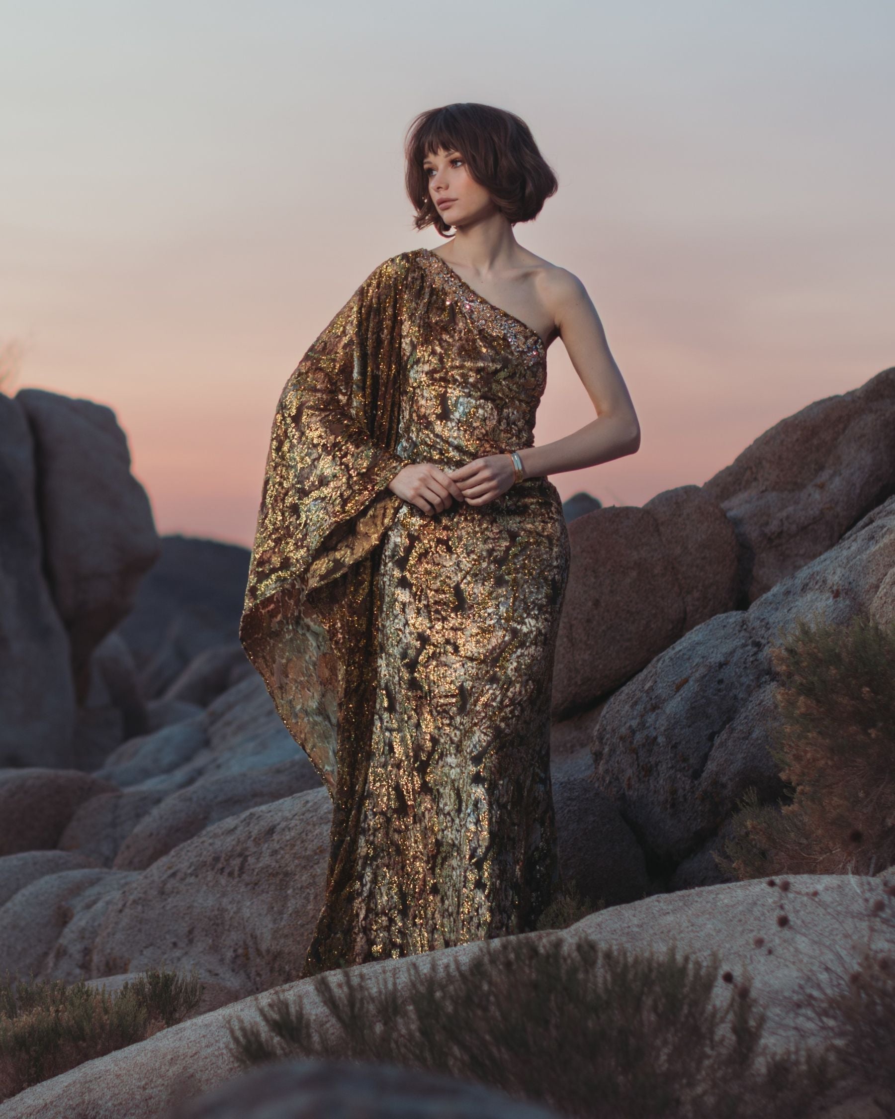 Gold One Shoulder Metallic Burnout Velvet Evening Gown
