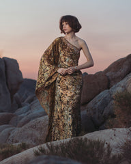Gold One Shoulder Metallic Burnout Velvet Evening Gown
