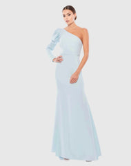 Blue One Shoulder Puff Sleeve Gown
