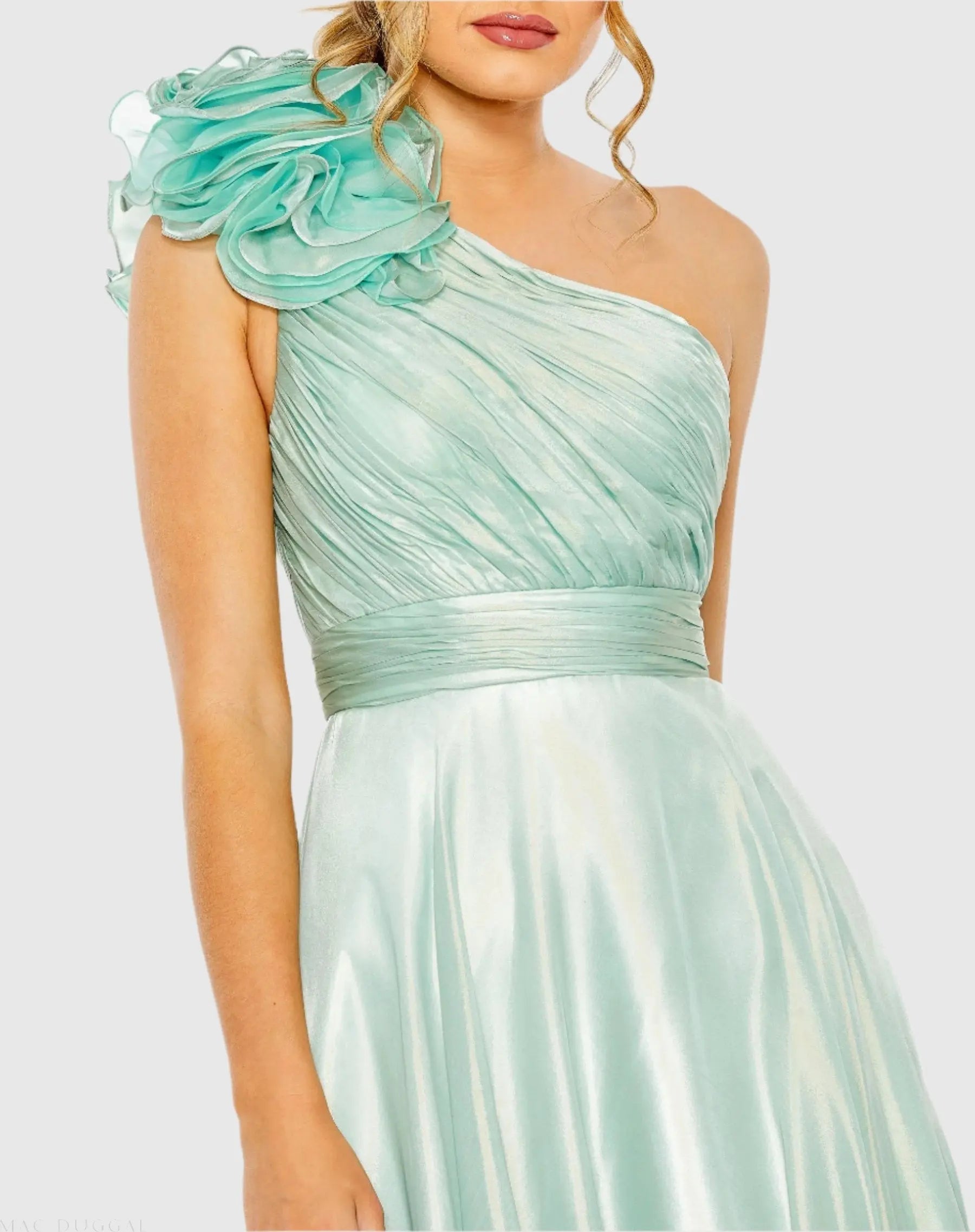 Green Rosette One Shoulder Tea Length Dress - FINAL SALE