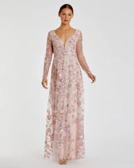 Floral Applique Long Sleeve Illusion Gown