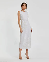 White Striped Floral Embellished Sleeveless Midi Dress