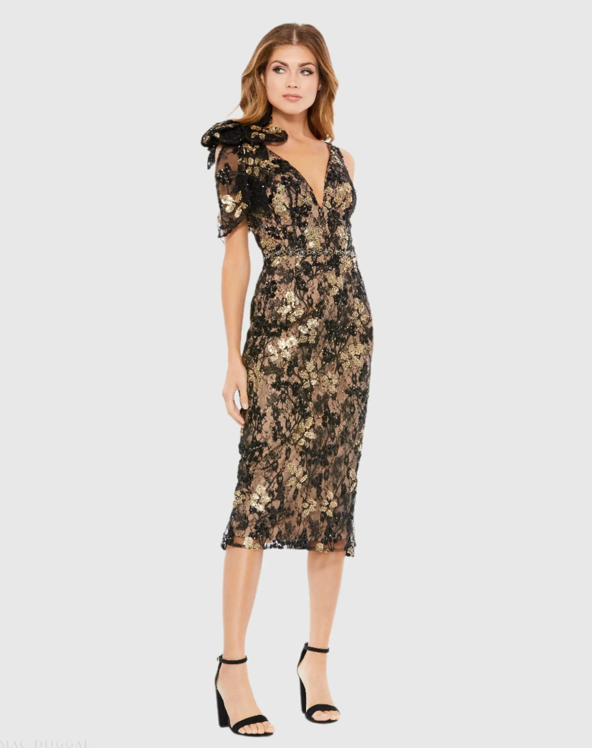 Black Floral Embellished V-neck Midi Dress with Shoulder Bow