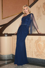 Navy Embellished One Shoulder Draped Gown