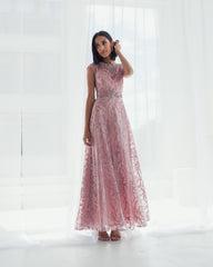 Pink Embroidered Cap Sleeve A Line Gown