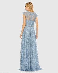 Blue Embroidered Cap Sleeve A Line Gown