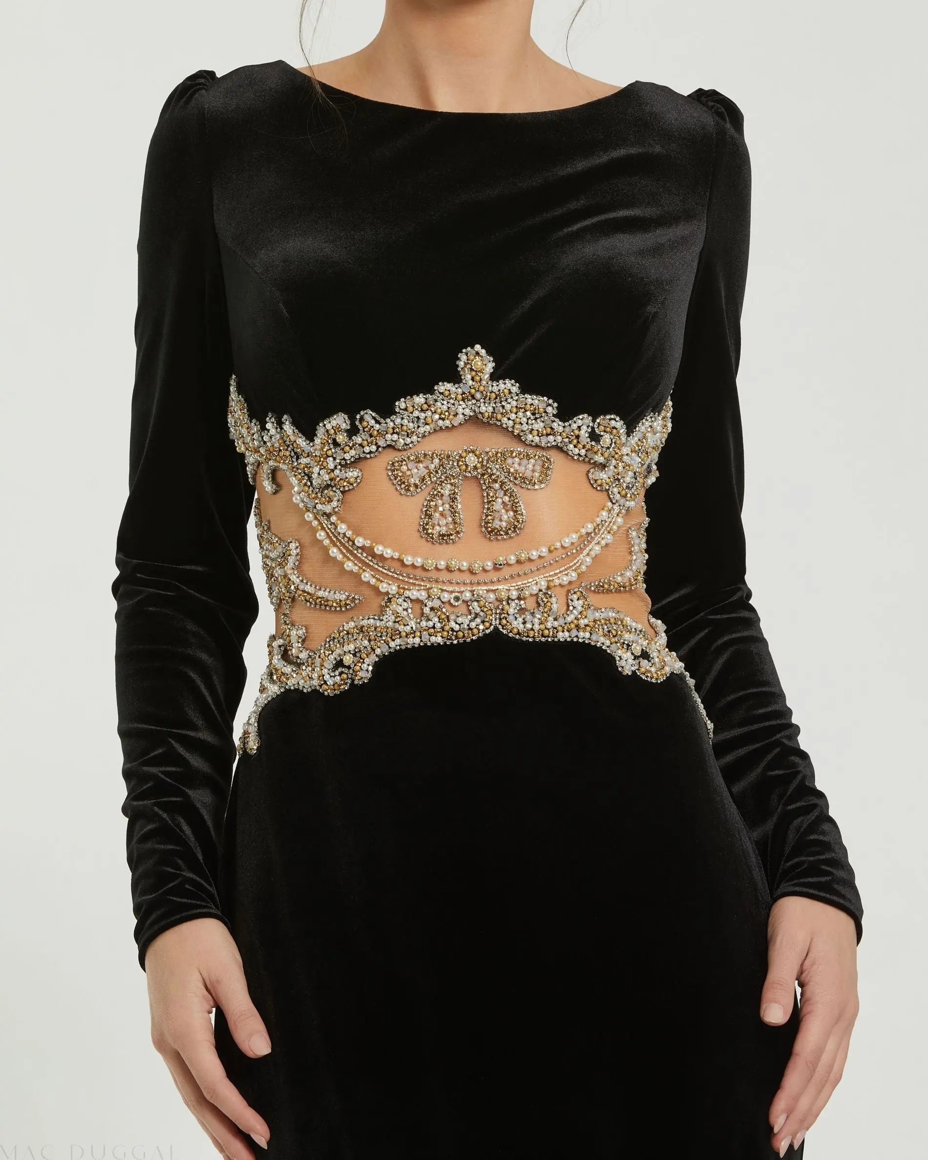 Black Long Sleeve Sheer Embellished Velvet Gown
