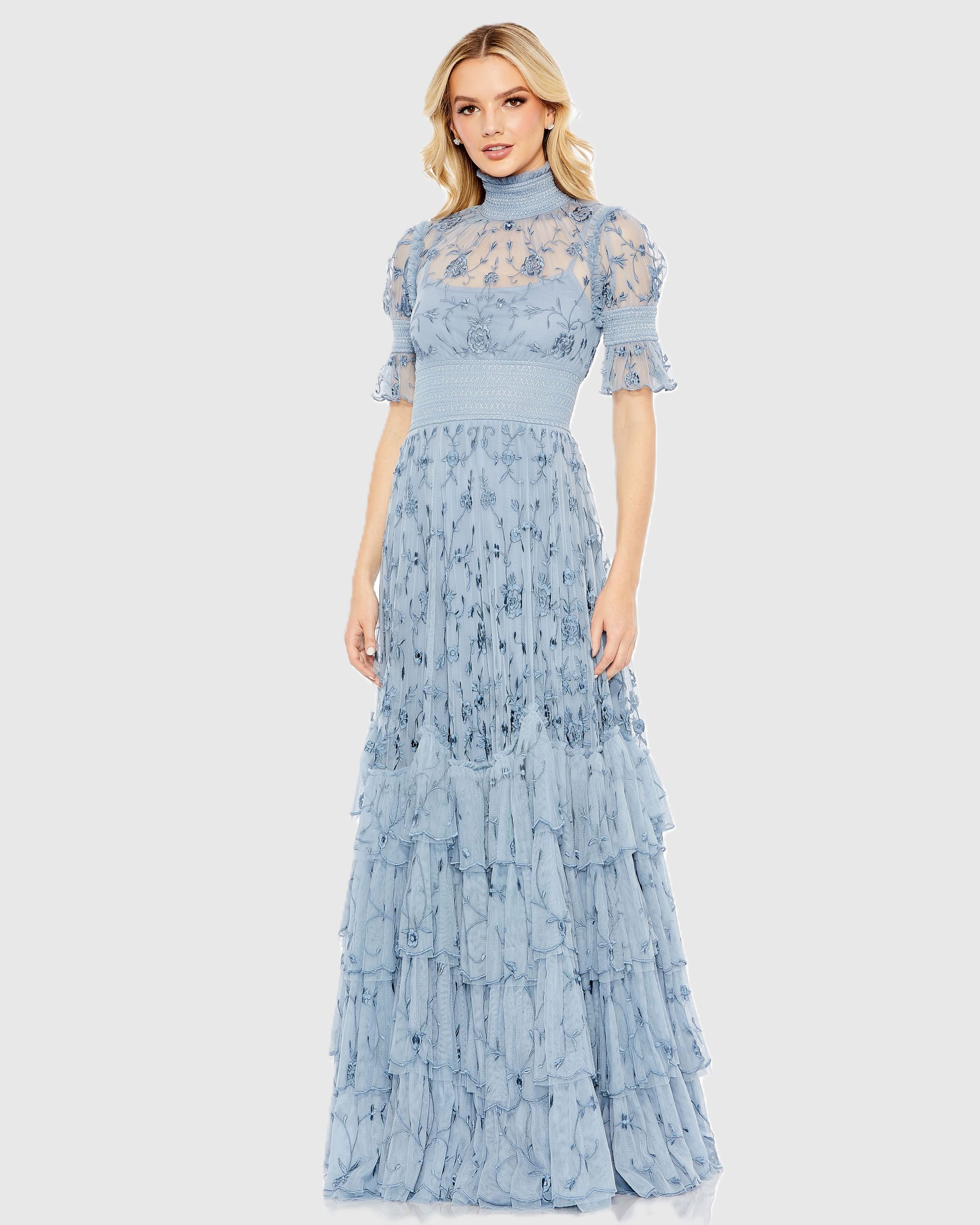 Embroidered Floral Tiered Smock Neck Gown