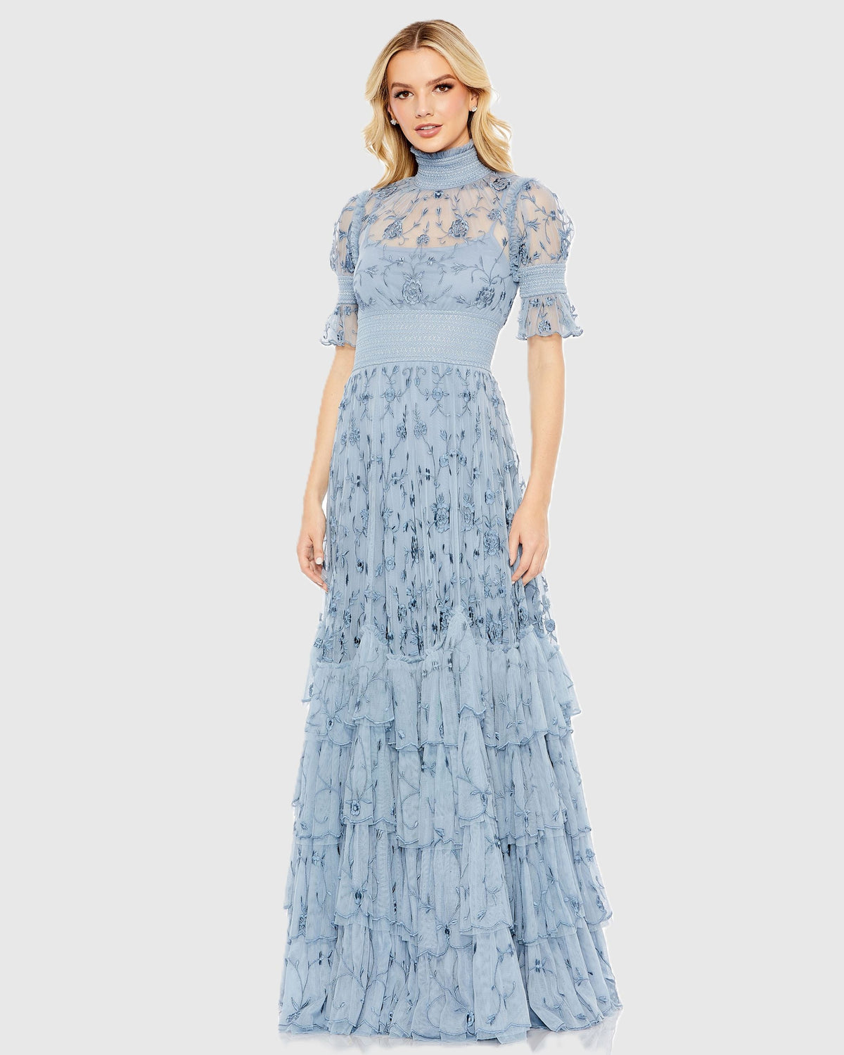 Blue Floral Embroidered Smock Neck Tiered Ruffle Dress