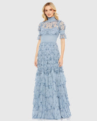 Embroidered Floral Tiered Smock Neck Gown