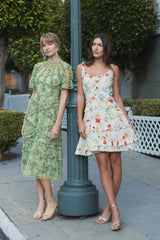 Green Floral Midi Dress with Ruffle Detailing