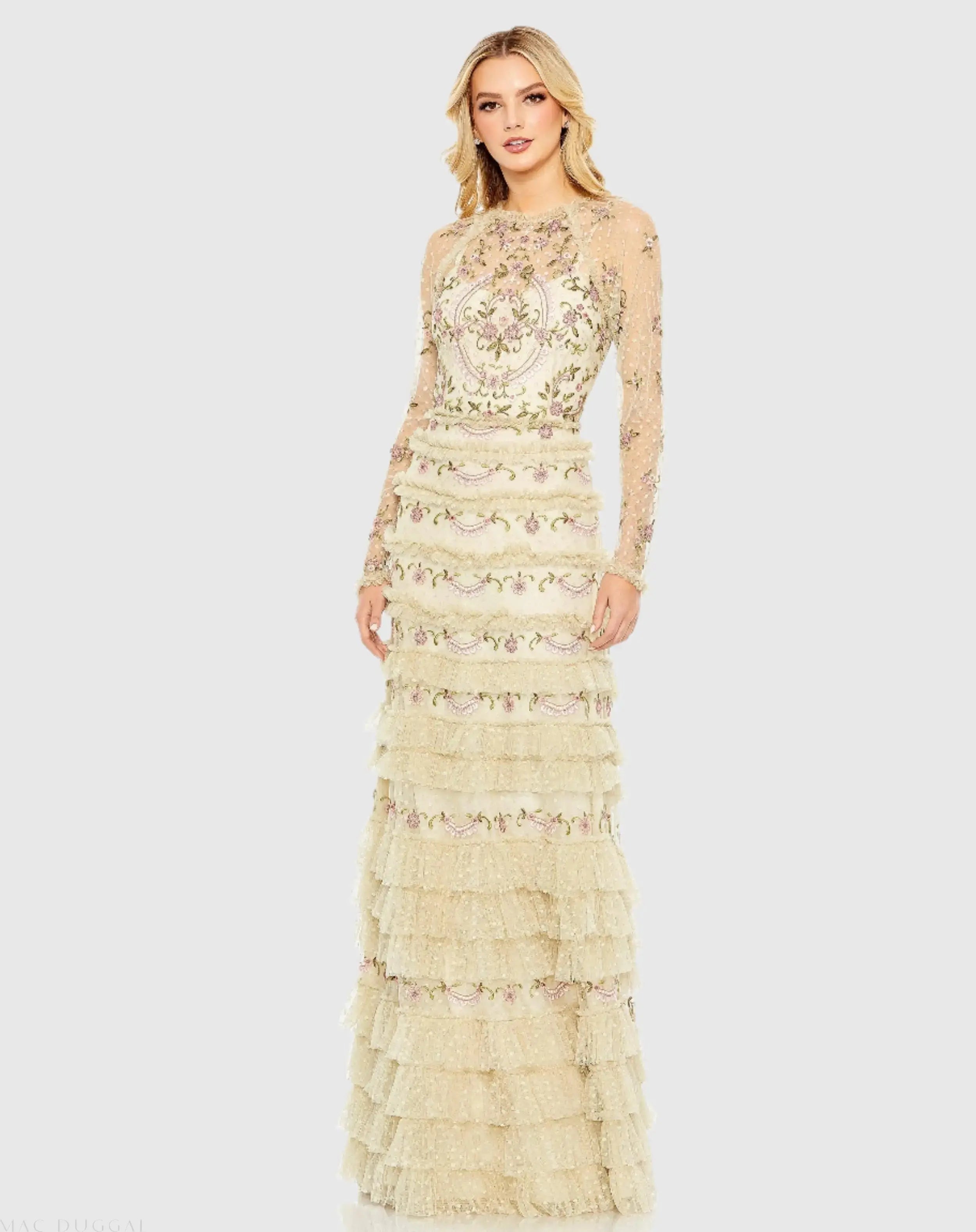 Mesh Polka Dot Long Sleeve Floral Ruffle Tired Gown