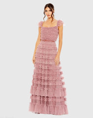 Pink Tiered Ruffle Cap Sleeve Gown