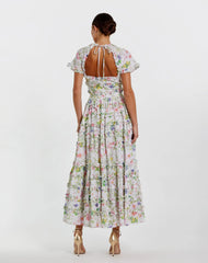 White Floral Ruffle Open Back Cotton Midi Dress