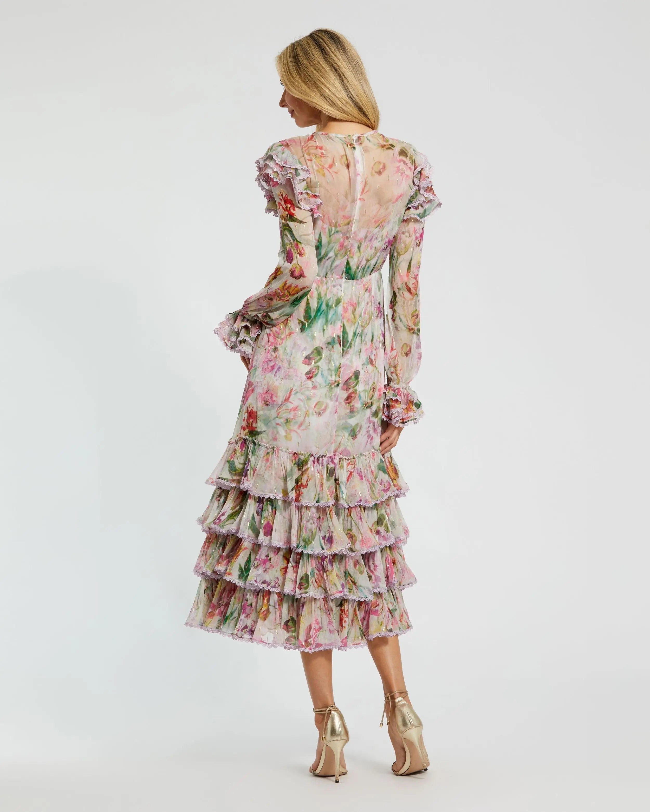 Multicolor Long Sleeve Ruffle Detail Floral Shift Dress