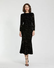 Black Burnout Velvet Long Sleeve Midi Dress