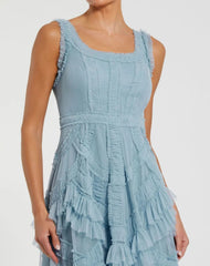 Blue Scoop Neck Sleeveless A-Line Ruffle Midi Dress