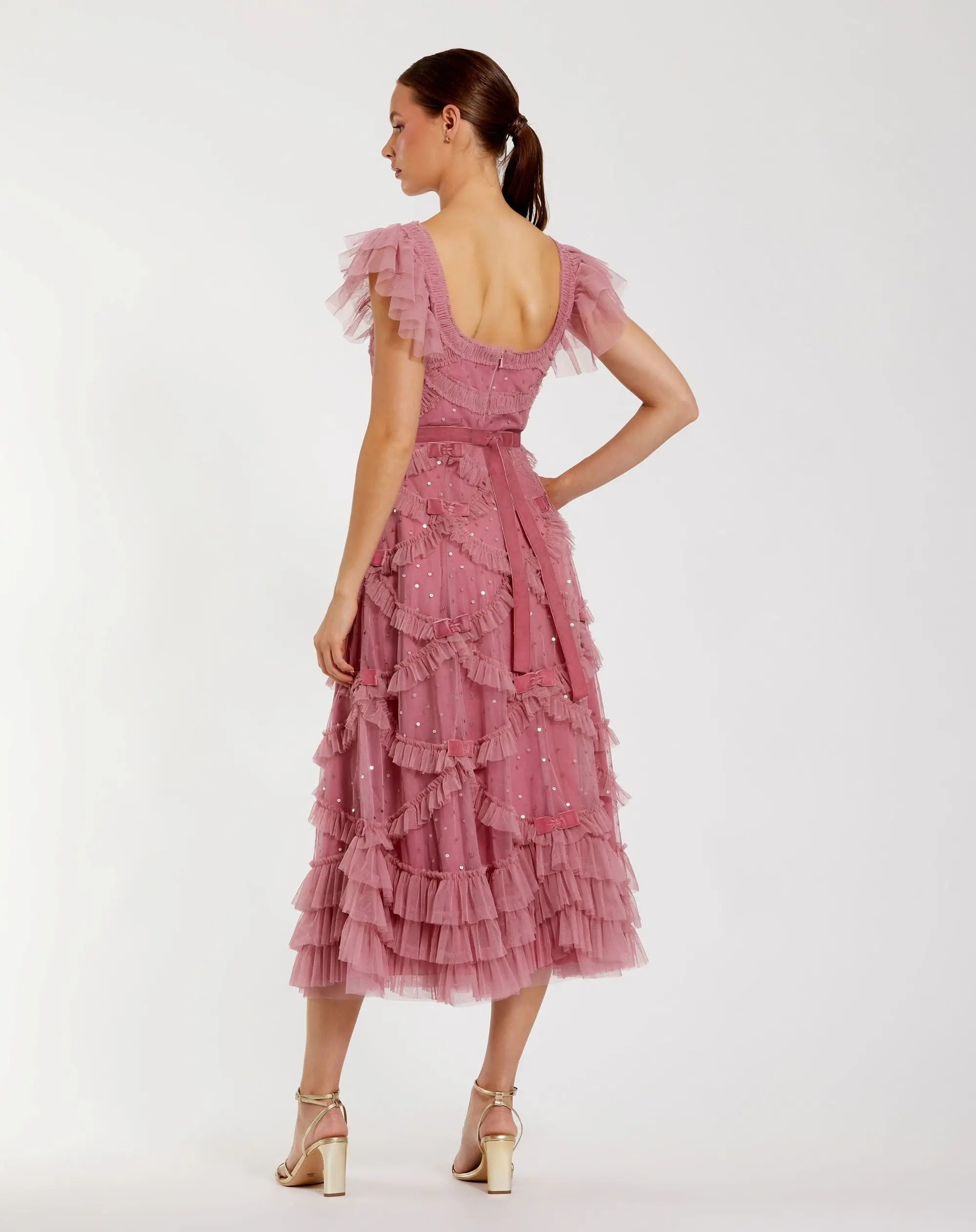 Pink Flutter Sleeve Sequin A Line Midi Dress
