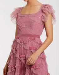Pink Flutter Sleeve Sequin A Line Midi Dress