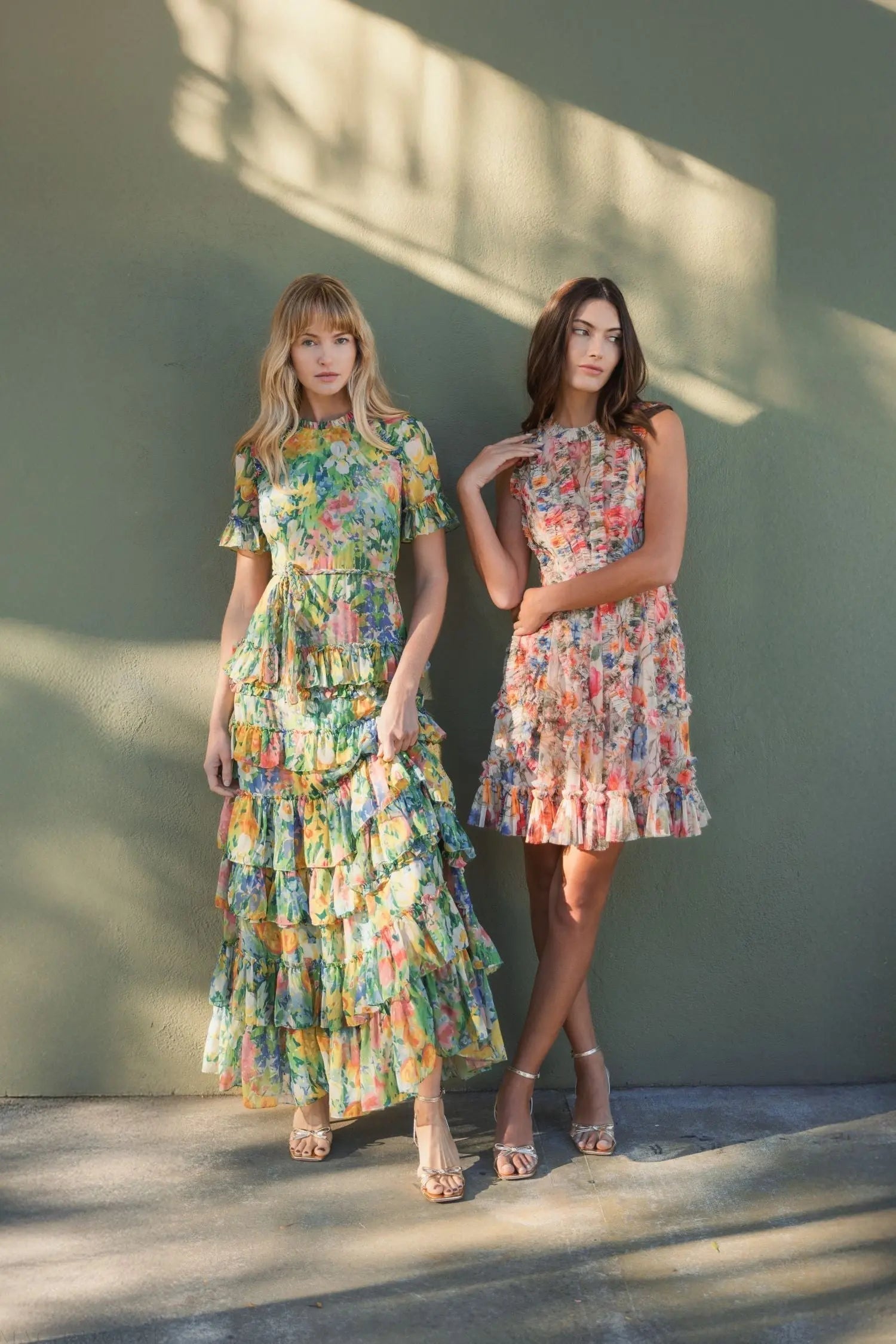 Green Ruffle Tiered Chiffon Floral Dress