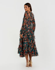 Teal Long Sleeve Floral Midi Dress With Ruffles