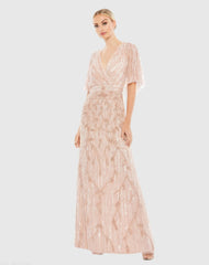 Embellished Cap Sleeve Faux Wrap Trumpet Gown