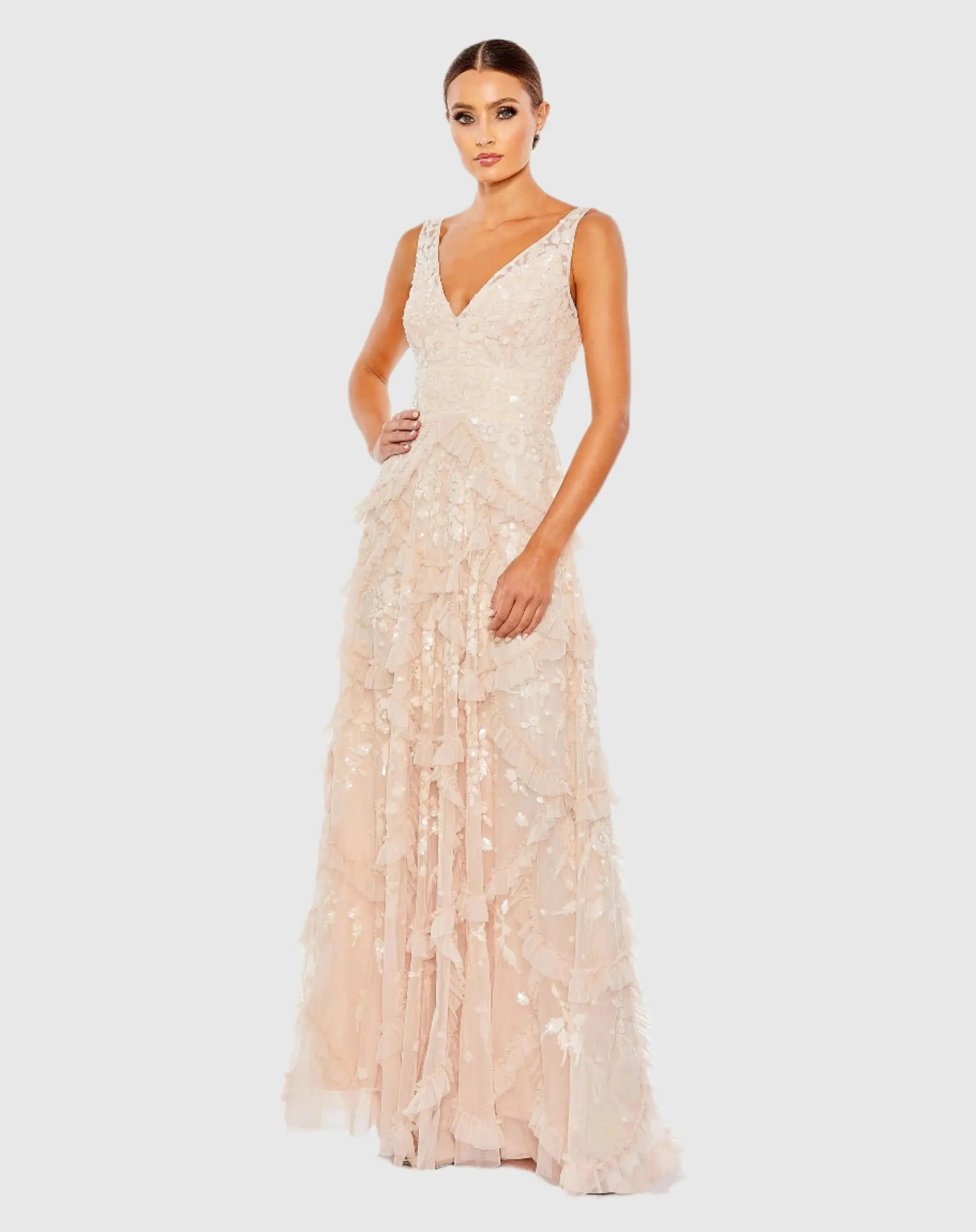 Sequined Scallop Ruffle Tiered V-Neck Gown