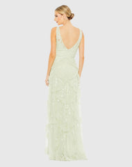 Green Sequined Scallop Ruffle Tiered V-Neck Gown
