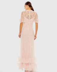 Light Pink Ruffled Floral Embellished Flutter Sleeve A Line Dress