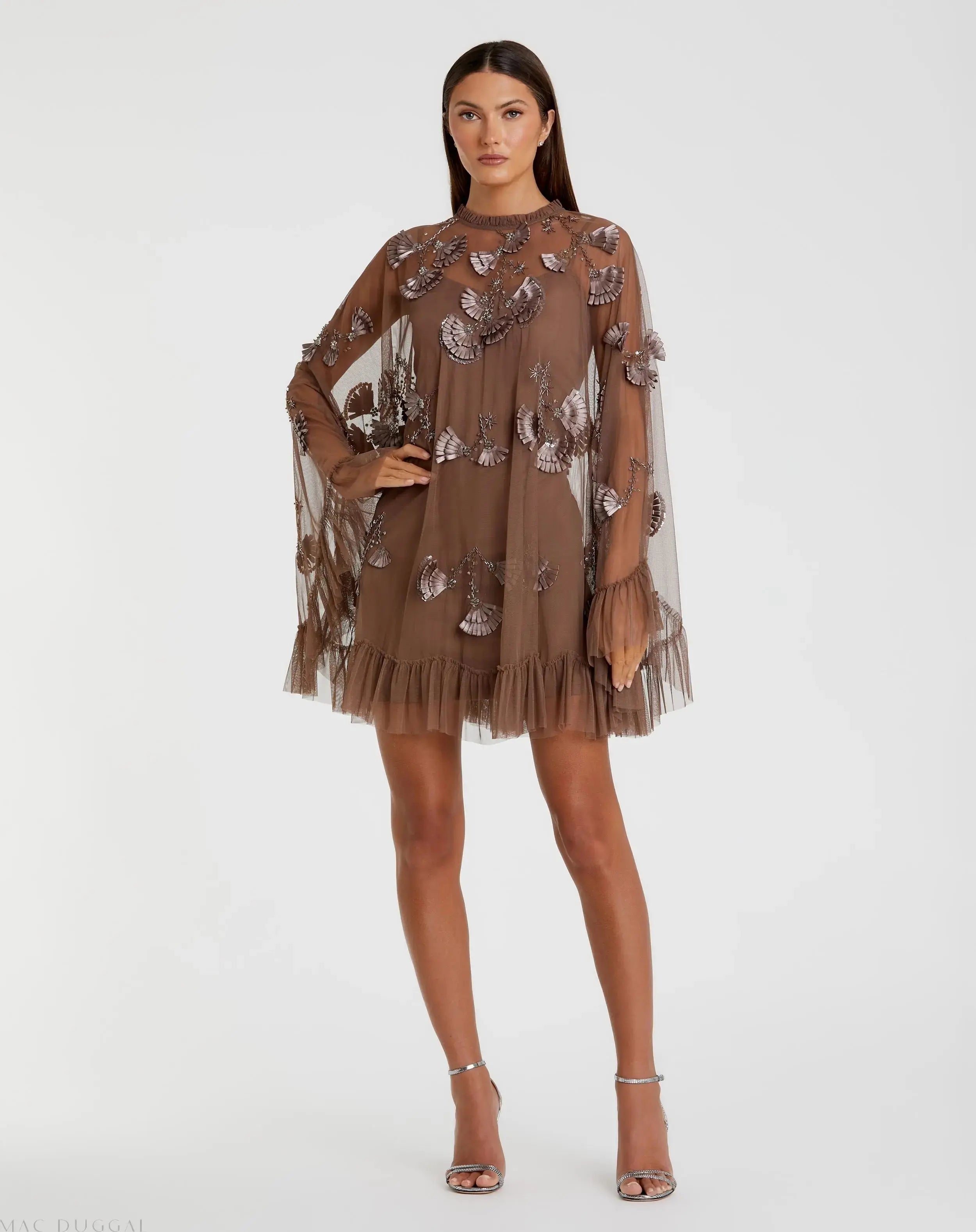 Embellished Long Flare Sleeve Mesh A-Line Dress