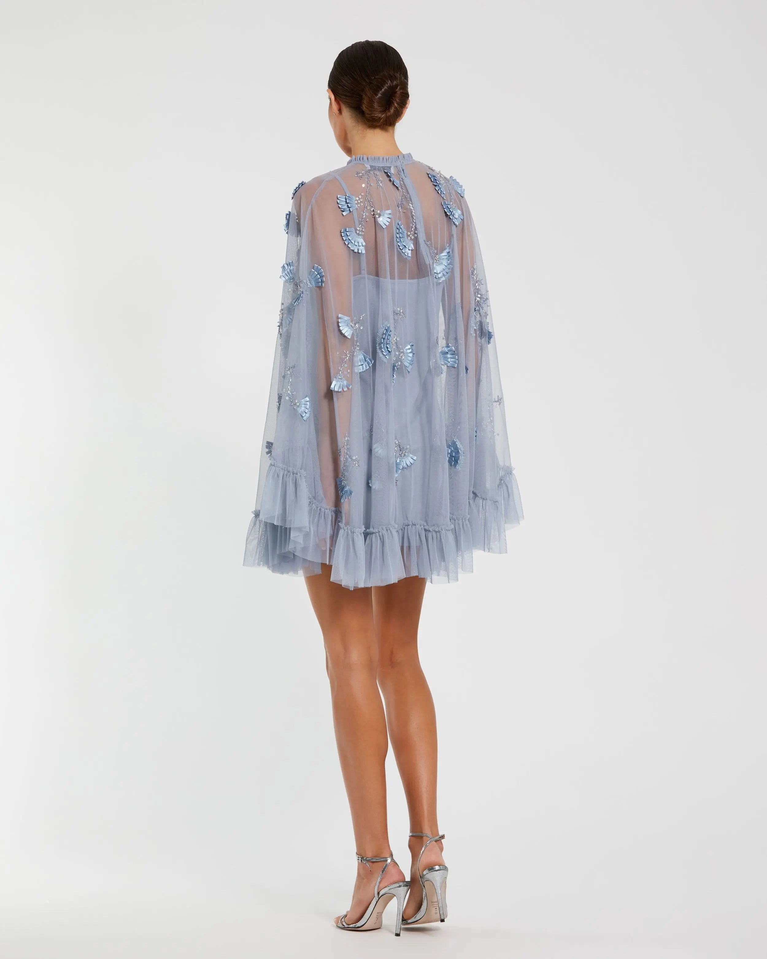 Blue Embellished Long Sleeve Trapeze Dress with Ruffle Hem